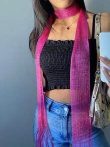 1PC Retro Niche Seasonal Versatile Scarf With Floating Ribbon Simple And Easy To Style Fringe Scarf For Party Outfits - Hot Pink - View 1
