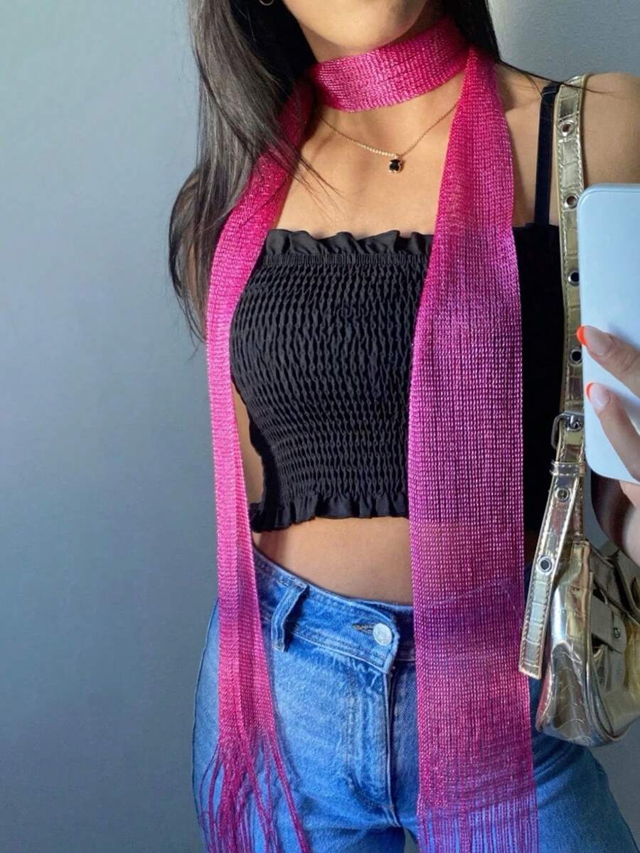 1PC Retro Niche Seasonal Versatile Scarf With Floating Ribbon Simple And Easy To Style Fringe Scarf For Party Outfits - Hot Pink - View 1