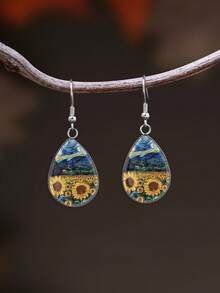 1 Pair Summer Sunflower Pattern Paired With 316 Stainless Steel Water Drop Earrings, Minimalist Style Suitable For Women's Daily Wear And Gifts, Elegant Minimalist Jewelry Earrings Suitable For Women's Daily And Vacation Wear - Orange - View 3