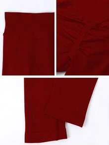 1pc Women's Solid Color Ribbed High Waist Seamless Elastic Outdoor Sports Pants - Red - View 4