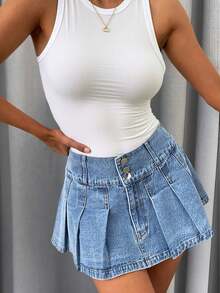 Falda mini plisada casual y versátil para citas y salidas de verano para mujer - Azul lavado oscuro - Ver 8
