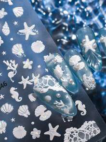 2pcs/Set Ocean Style Nail Stickers - White Laser Starfish & Shell Pattern Summer Nail Art Stickers Self-Adhesive 5D Nail Design Shiny Decorations - White - View 4