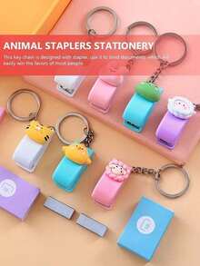 Portable Mini Stapler With Keychain - Cute Cartoon Animal Design, Pocket-Sized Stapler For School, Office & Travel, Durable Student Stationery - Mini Stapler - View 4