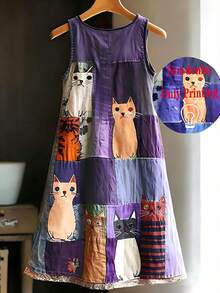 Plus Size Women's Sleeveless Round Neck Cat Print Patchwork Strap Dress, Knit Fabric, Knee-Length A-Line Dress Elegant Summer - Purple - View 2