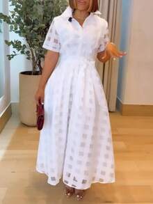 Plus Size Women Elegant Commuter Vacation Casual Plaid Mesh Short Sleeve Fitted Dress White Summer - White - View 2