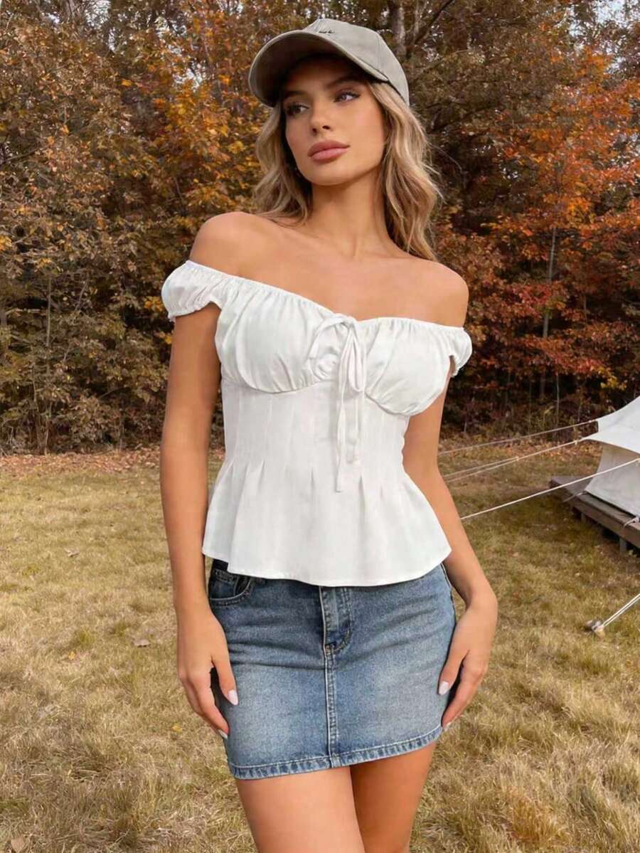 Camisa blanca de mujer de unicolor, casual/de uso diario, estilo campestre, primavera/verano - Blanco - Ver 1