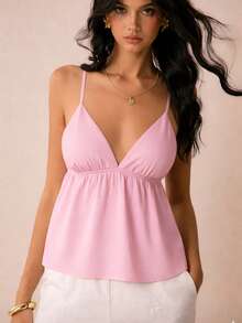 Women's Tank Top With V-Neck Front And Tie Back, Viscose Twill Fabric, Adjustable Thin Straps - 淺粉色 - 查看 3