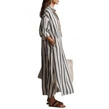 2026 New Fashionable Loose V-Neck Long Striped Summer Best-Selling Nine-Sleeve Women's Shirt Dress - 藍色 - 查看 6