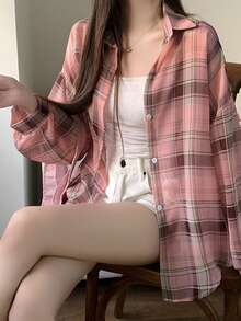 女士格子衬衫，夏季新款休闲宽松上衣 - 拼接粉 - 查看 4