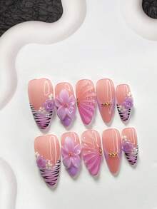 10 Pcs Noble Knight Style Polygel Nail Set,Acrylic Press-On Nails,3D Purple, White Camellia,Hand-Sculpted Purple Five-Petal Flower Nail Art Accessories,Hand-Drawn Solid-Color Ripples,Black Branches,Purple Gradient Slap Bracelet,Purple Gradient Nail Polish,Elegant Style,Comes With Nail Tools(1 Sheets Jelly Stickers+1PC Nail File)3 Sizes Available, Almond Nails, Duck Nails,Coffin Nails,Suitable For Commuting, Dates, Everyday Wear, Formal Occasions,Great Gift For Ladies And Girls Press On Nails - 彩色 - 查看 12