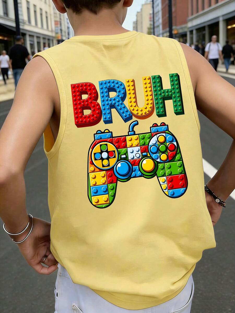 青少年男孩遊戲控制器圖案背心,柔軟舒適夏季無袖街頭風上衣 - 黃色 - 查看 1