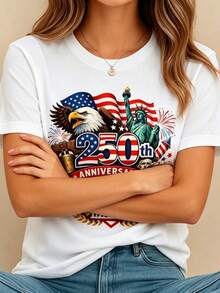 Women's Crew Neck Summer Tee USA 250th Anniversary Patriotic Print Regular Fit Top Perfect For National Celebrations & Daily Casual Wear & Leisure Outings - 白色 - 查看 3