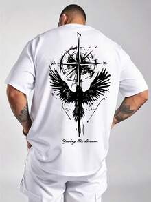 T-shirt da uomo in cotone 100% con stampa bussola fenice, top casual nero a vestibilità ampia, design unico in stile street "Chasing Seasons". - Bianco - Visualizzare 7