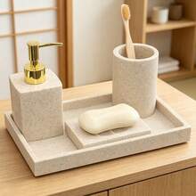 6pcs Resin Bathroom Accessory Set, Modern Farmhouse Style, Includes Toothbrush Holder, Soap Dispenser, Tray, Tumbler, Cotton Swab Holder, Sandstone Color - Sand Color - View 4
