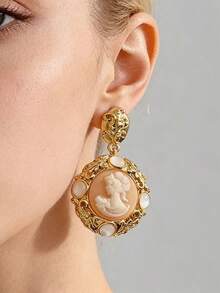 1 Paar Vintage Kamee Hängeohrringe für Frauen - Damenprofil Relief & Opalakzente, romantischer Statement-Schmuck für Hochzeit & Abendgarderobe - Gold - Übersicht 5