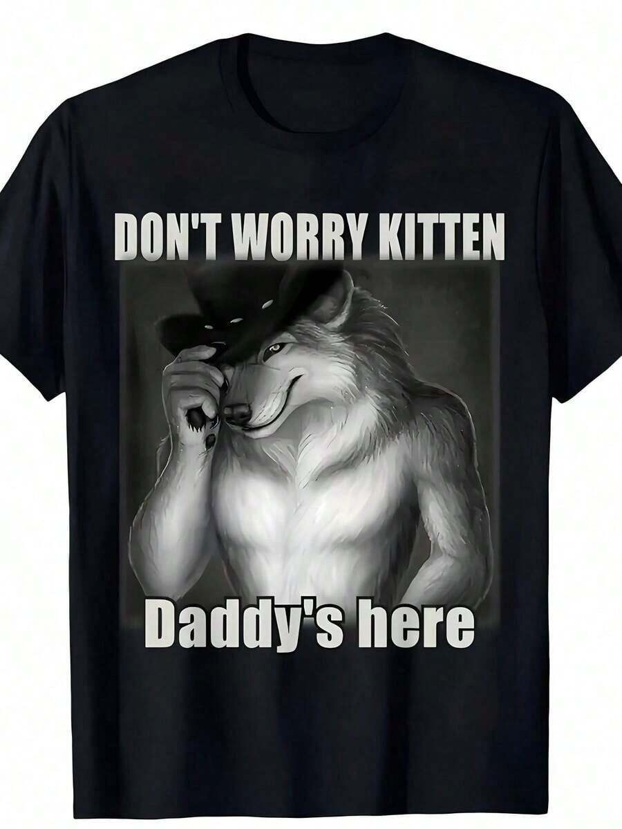 Summer Clothes Men Graphic TeesMen'S "Don't Worry Kitten Daddy'S Here" Alpha Wolf Cowboy Hat Humor T-Shirt - Black Regular Fit Short Sleeve, Machine Washable All-Season Casual Top, Bold Graphic Print, Fun Design, Durable Daily Wear Tee, Essential For Funny Loversy2k Clothes Men Streetwear - màu đen - Xem 1