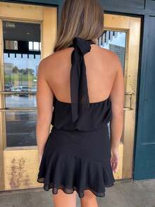 Women's Pleated Waist Sheer Mesh Ruffle Mini Dress Summer Casual Halter Neck High Neck Bodycon Short Dress Self-Tie Backless Sundress Party Clubwear - F206103-Black - 查看 5