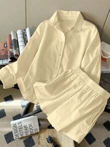 Set de 2 piezas de top de manga larga holgado de lino y pantalones cortos de mujer de moda casual y simple - Amarillo claro - Ver 5