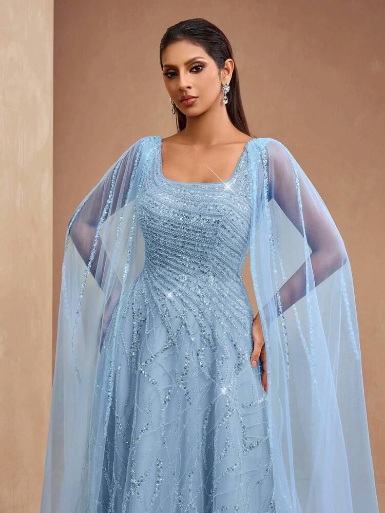 AMILUCK High-End Women's Elegant Heavy Beaded Sequin Lace Square Neck A-Line Dress With Mesh Patchwork Beaded Trim Flutter Sleeves For Formal Fall - Baby Blue - View 3