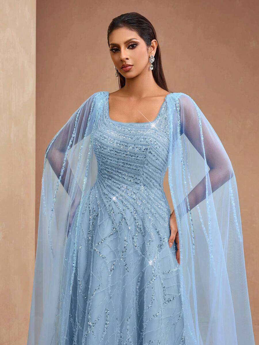 AMILUCK High-End Women's Elegant Heavy Beaded Sequin Lace Square Neck A-Line Dress With Mesh Patchwork Beaded Trim Flutter Sleeves For Formal Fall
