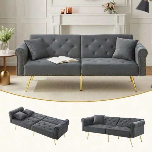 Modern 2-Seater Sofa Bed – Velvet Upholstery, 3-Position Adjustable Backrest & Gold-Plated Metal Feet. Stylish Sofa With Sleeping Function – Space-Saving, Durable, Ideal For Small Rooms. - Antique Gray - View 1