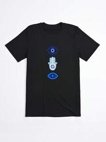 Camiseta Negra con Estampado de Ojo y Mano Hamsa para Mujer Verano Casual - Negro - Ver 2