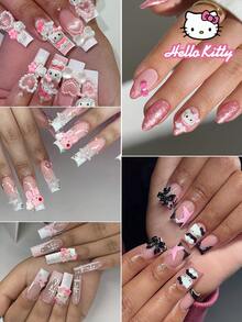 SANRIO 37件組 Hello Kitty 卡通美甲裝飾套組，4款蝴蝶結與花朵系列 Hello Kitty 設計美甲 DIY 迷你水鑽平面裝飾 - 查看 4