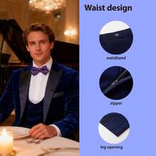 Men's Luxury Velvet 3-Piece Suit, Satin Lapel Blazer, Waistcoat & Dress Pants Set For Evening Gala Party - 寶藍色 - 查看 6