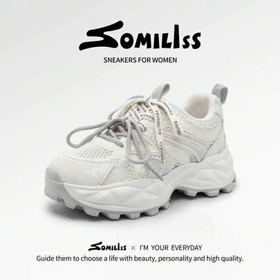 somiliss 2026 New Women's 5cm Thick Sole Lightweight Chunky Sneakers, Breathable Mesh, Comfortable Soft Casual Sports Shoes, Fashion Versatile Daily Commute Summer Walking Shoes, Milky Gray