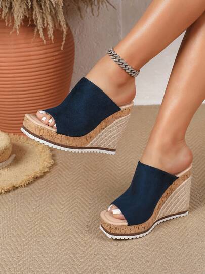 Women's Brown Platform Thick PU Sole Casual Comfortable Woven Decor Hemp Rope Wood Grain Sandals