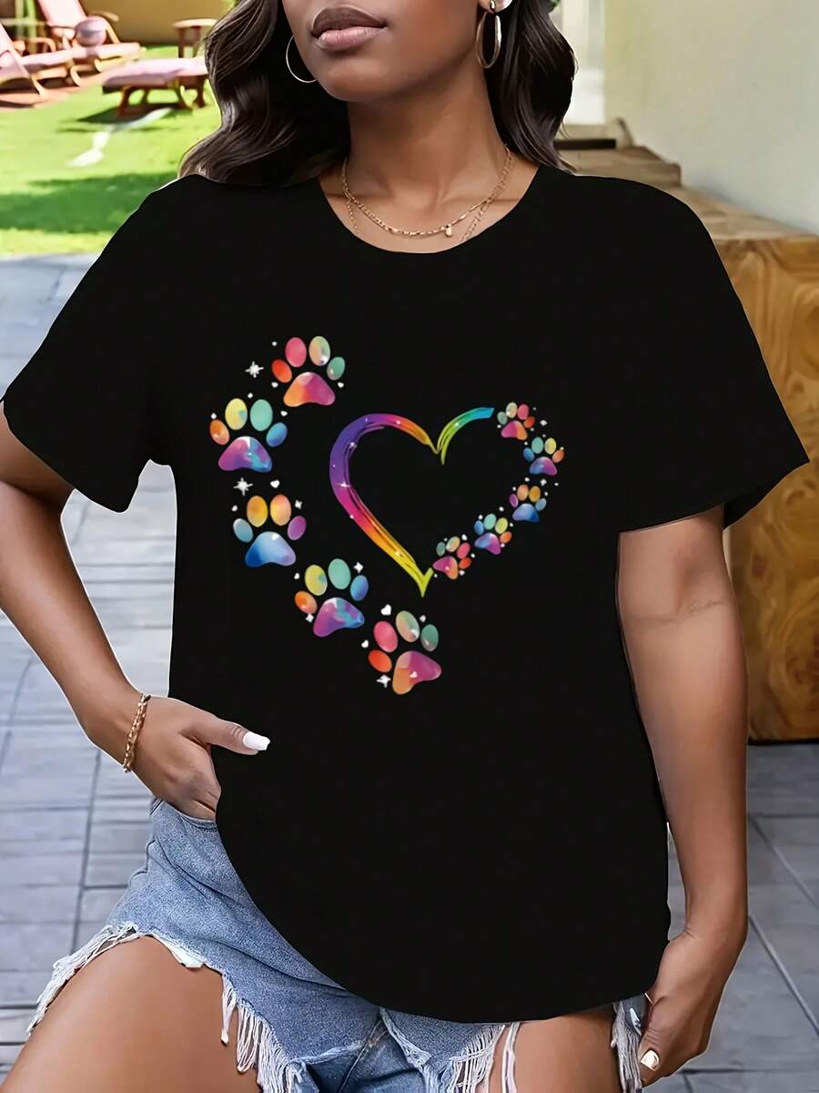 Short-Sleeved T-Shirt With A Round Neckline, Decorated With Watercolor-Style Paw Prints And Heart Designs-X - Black - View 1