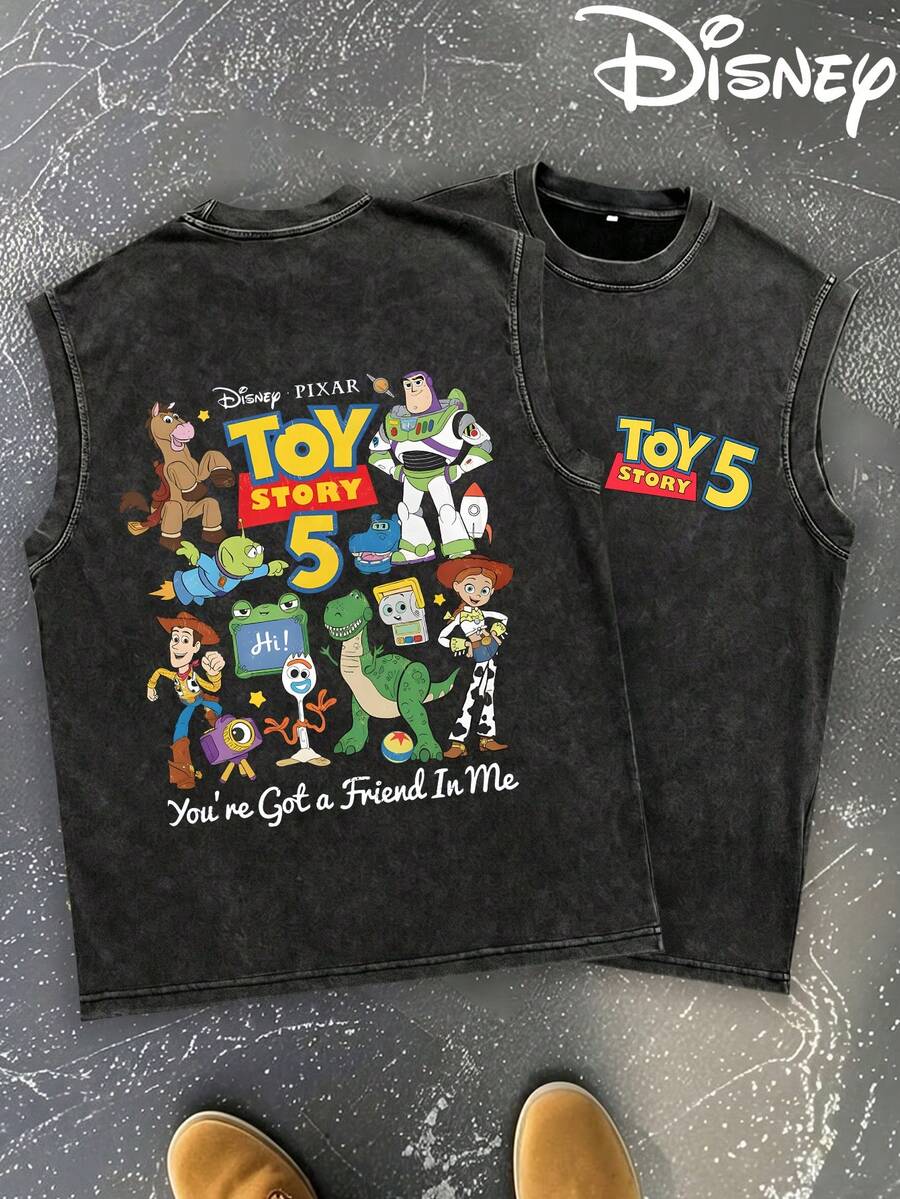 Officially Licensed By Disney: Toy Story 5 – Buzz Lightyear Printed Men's Vintage Washed Tank Top. Y2K-Style Streetwear Vest (230g Pure Cotton) – American Vintage Aesthetic: Men's Summer Crew Neck, Sleeveless Casual Tee & Streetwear. - 黑色 - 查看 1