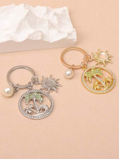 1pc Women's Summer Style Rhinestone Coconut Tree Pendant, Pearl Decorative Charm For Bag