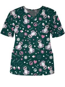 Blusa de enfermera de manga corta con cuello en V y bolsillos con estampado de perezoso, para mujer de talla grande, para primavera/verano - Verde Oscuro - Ver 3