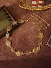 1pc Ladies' Bohemian & Western Style Carved Flower & Geometric Pattern Vintage Waist Chain, Casual And Fashionable, Gold Color Boho - vàng - Xem 3