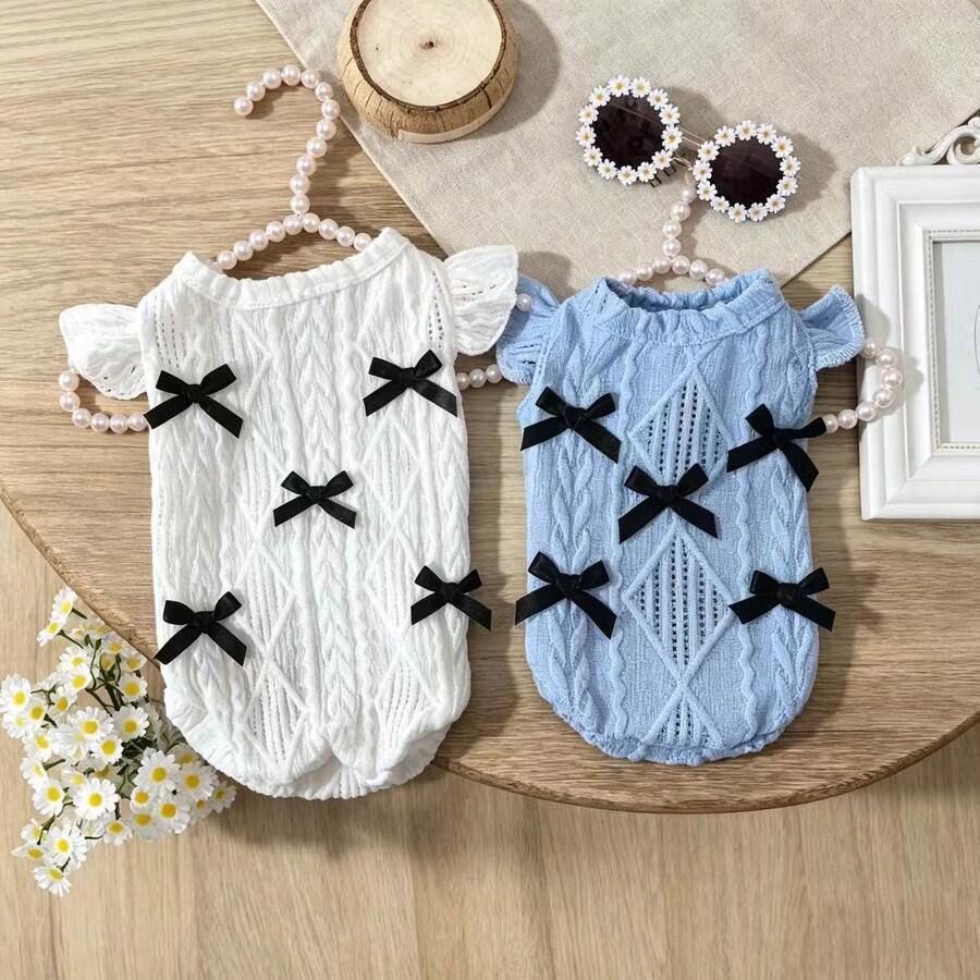 1pc Breathable Pet Dress, With Cute Bow Tie, Suitable For Cats And Small Dogs, Spring/Summer - Blue - View 1