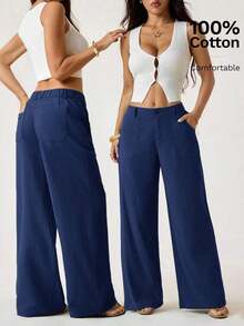 SUN 100% Washed Cotton Low Waist Straight Pants Linen Pants For Women Pants For Summer Cotton Pants Women Wide Leg Pants Women Pants For Summer, Fall, Fall Clothes For Women Pants For Summer - Màu xanh hải quân - Xem 2