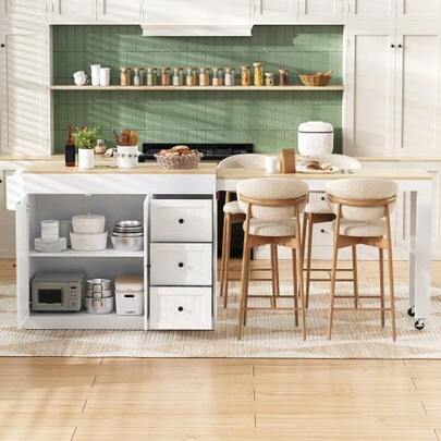 L135*B44(70)*H90cm Large Mobile Kitchen, Arbeitsplatte Aus Eichenholz, Klappbares Design, Multifunctional Schrank, 3 Schubladen, Handtuchhalter, Geeignet Für Küche, Esszimmer, Haus