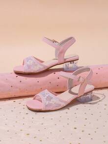 1 đôi sandal cao gót hở mũi mùa hè cho bé gái, màu hồng nhạt thời trang với khóa cài, sandal cao gót lưới đính sequin thêu bạc cho trẻ em, thích hợp cho tiệc sinh nhật, phối đồ, du lịch và dã ngoại. - Hồng - Xem 7