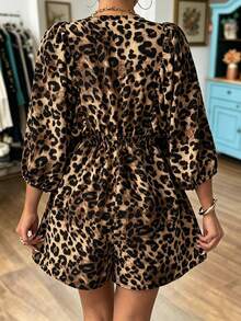 Women's Elegant Leopard Print V-Neck Jumpsuit, Puff Sleeve Ruffle Waist Tie Casual Short Jumpsuit, Vintage Street Style All Season Daily Wear - Multicolor - View 3