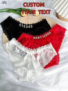 1pc Custom Lettering Women's Rhinestone Name Floral Lace Thong Personalized Crystal Letter Sexy Underwear Cute Supporter Fan Lingerie Gift - Red - View 5