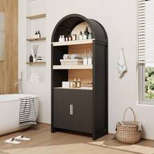 Estante arqueado, estantería alta de 71" con puertas de almacenamiento de mediados del siglo, moderno gabinete de la despensa de la cocina de madera con estantes ajustables para la sala de estar - Negro - Ver 3