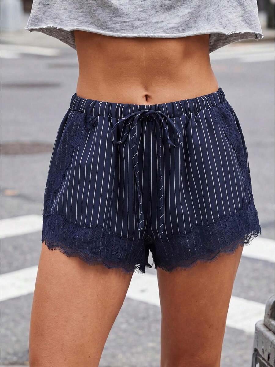 Pantalones cortos de mujer a rayas, de moda veraniega, informales, con dobladillo de encaje, cordón ajustable y bolsillos. - Azul - Ver 1
