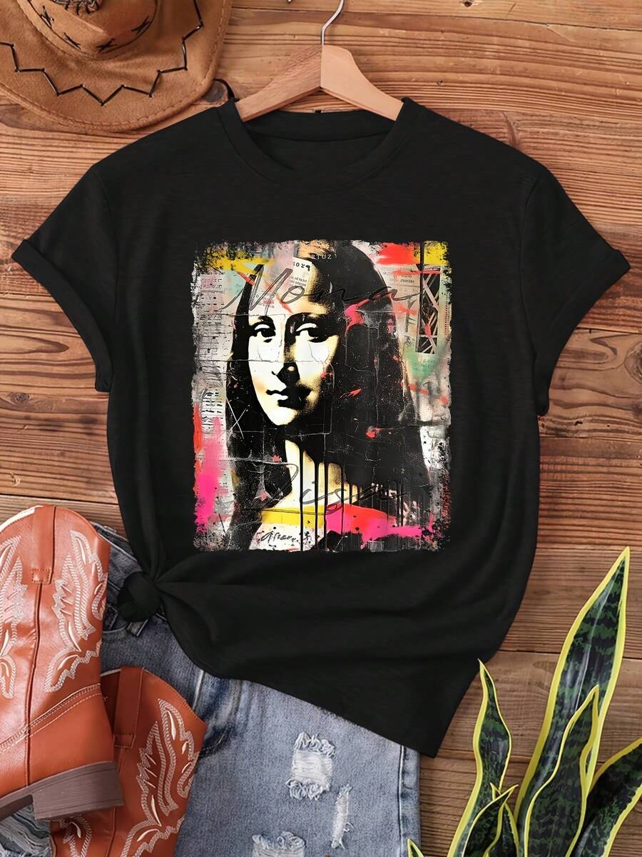 Women's Multi-Color Abstract Graffiti Mona Lisa Portrait T-Shirt - Modern Pop Art Style Casual Short Sleeve Crew Neck Top, Leonardo Da Vinci Inspired Design, Machine Washable, Great For Summer And Spring, For Art Lovers, Vibrant Graffiti Print With The Iconic Face Of Mona Lisa, Relaxed Fit For Casual Wear-X