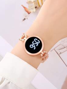 LED Touch Screen Digital Bracelet Watch, Luxury Crystal Rhinestone Women Wristwatch - Rose Gold - View 3