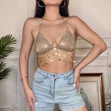 1件华丽闪亮时尚蝴蝶亮片装饰彩虹色水钻流苏性感比基尼吊带身体链女士节日服装夜店派对狂欢裙 - 金黃色 - 查看 7