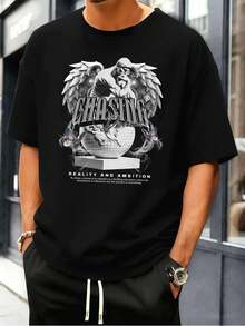 Schwarzes Herren-T-Shirt mit Engelsprint, Premium-Baumwolle, lockere Passform, bequemer Schnitt, l?ssiges Design - Schwarz - Übersicht 2