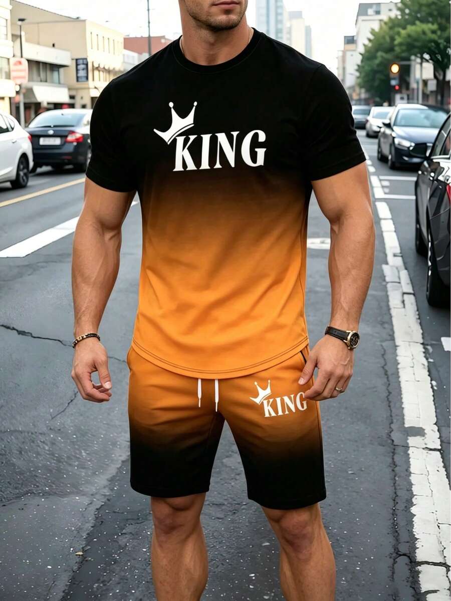 Bộ 2 món gồm áo thun ngắn tay cổ tròn và quần short in chữ "KING" màu đen và xanh ombre dành cho nam, trang phục thường ngày thời trang. - Nhiều màu - Xem 1