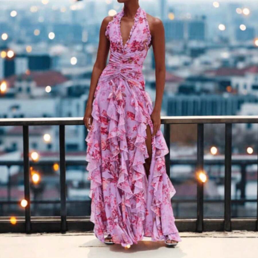 Women's Boho Chiffon Halter Floral Print Sleeveless A-Line Long Dress With Belted Details, Flared Hem Summer Formal Gown - 粉色 - 查看 1
