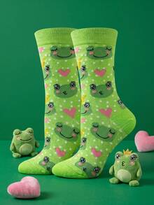 1 Pair Fashionable & Fun Crown Frog Printed Unisex Mid-Calf Socks, Suitable For All Seasons - Multicolor - View 3
